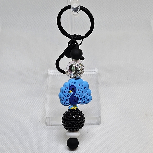 NWT Blue Peacock Bling and Beaded Black Metal Keychain - Picture 1 of 1